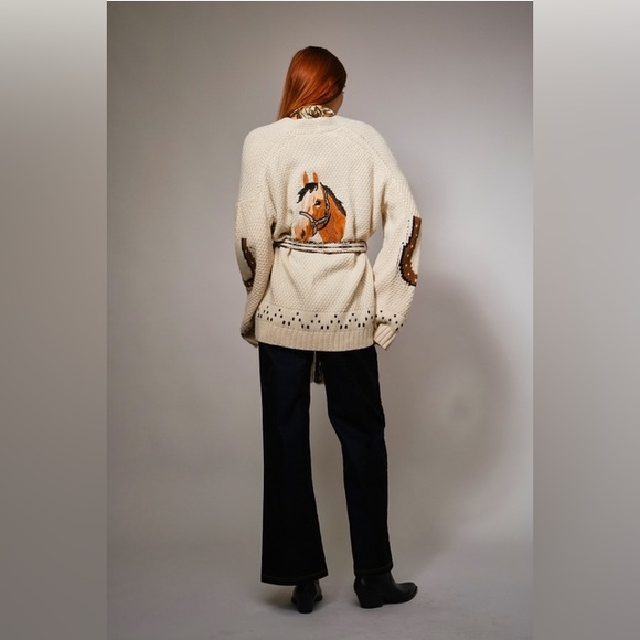 Western Horse & Horseshoe Belted Cardigan Sweater - Blue B - Picture 6 of 7